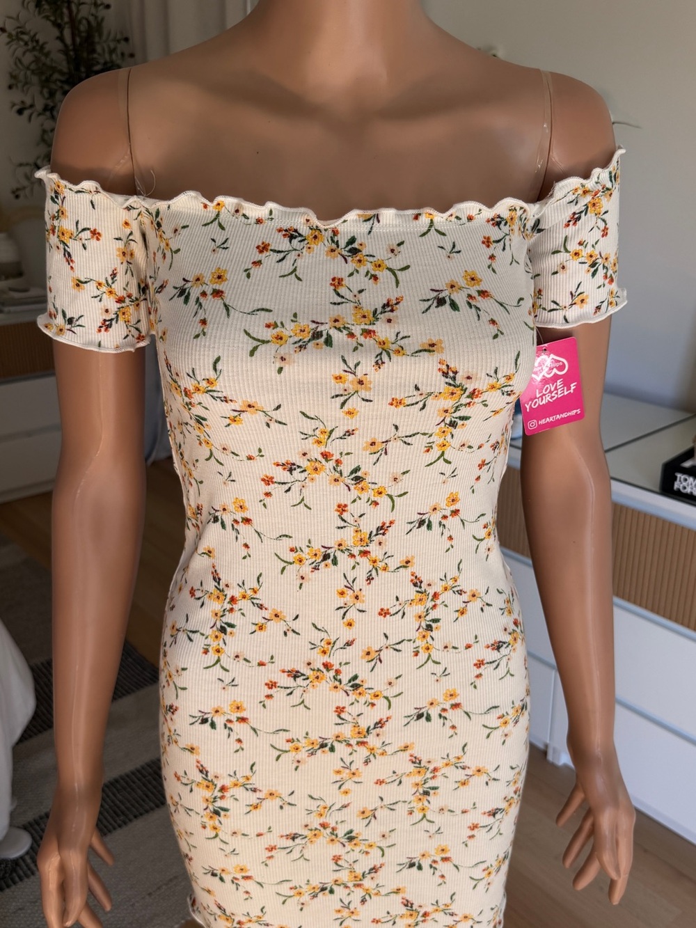 Heart & Hips Cream Floral Off-Shoulder Mini Dress